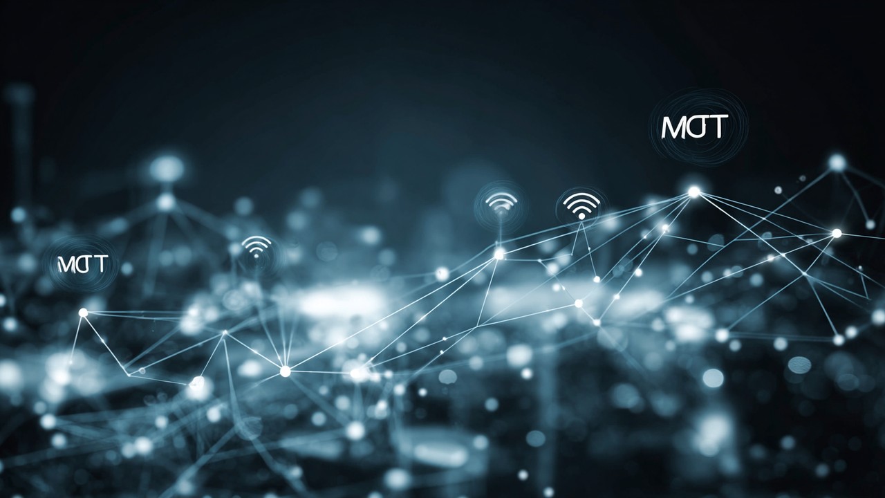 Abstrakt, realistisk illustration af IoT-kommunikationsprotokoller med tilkoblede enheder, dataudveksling via MQTT og CoAP over trådløse signaler i digitalt netværk.