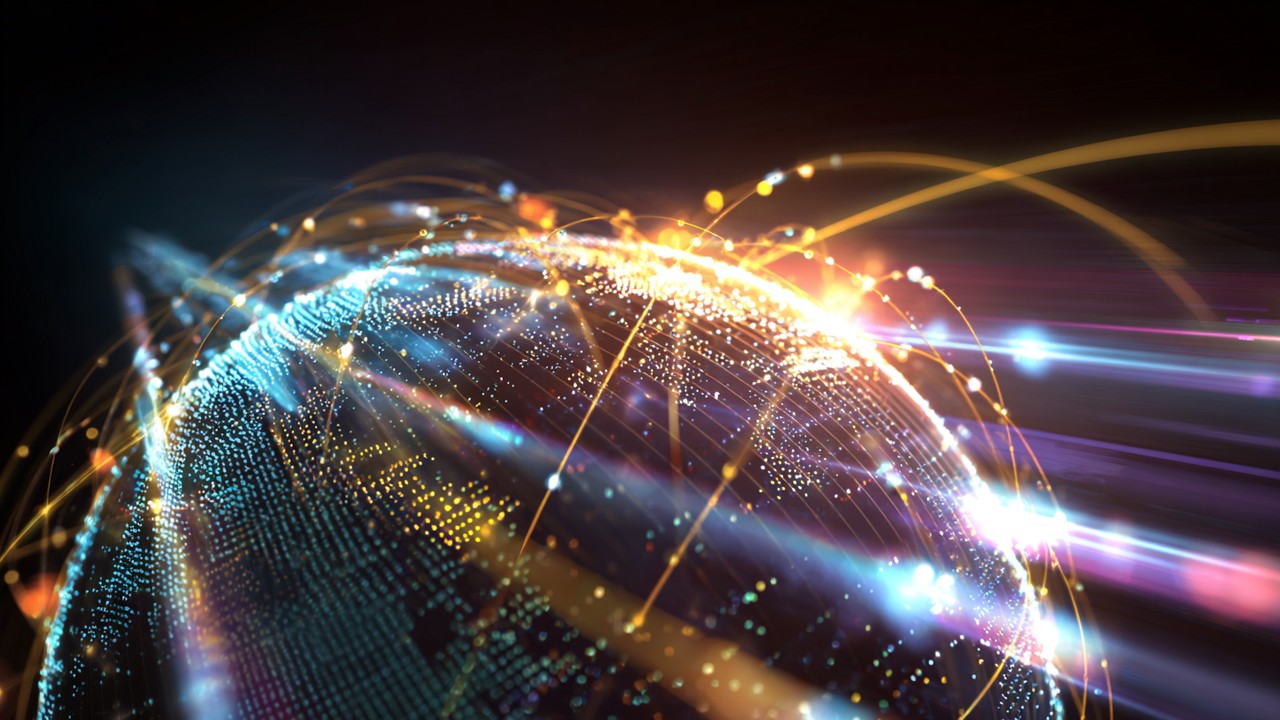 Abstract digital globe connected by glowing network lines to servers and devices, illustrating fast data transfer, low latency, and high-tech optimization.