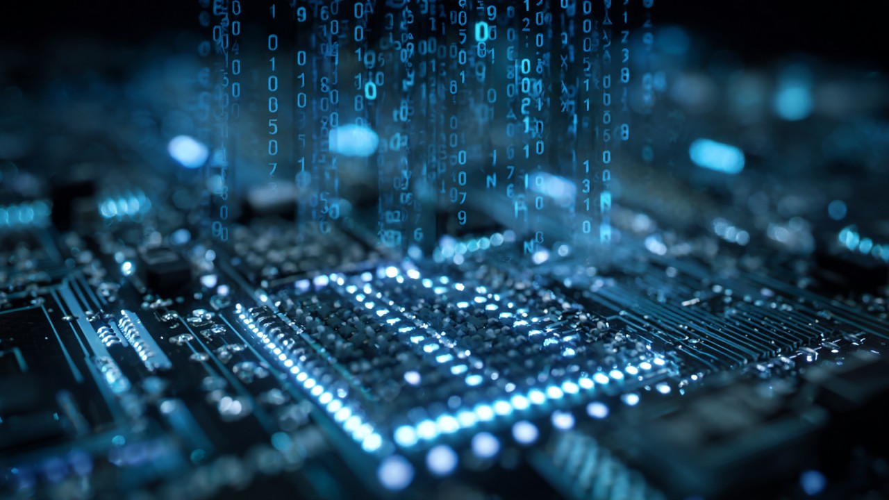 Close-up of a computer motherboard with glowing circuits and binary code streams, symbolizing efficient WebAssembly binary instruction processing in a futuristic blue-lit environment.
