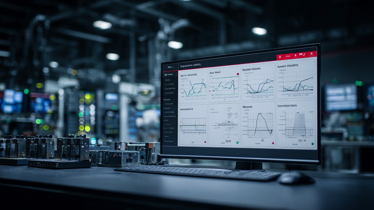 Close-up of a computer screen displaying real-time network monitoring dashboards with graphs and metrics in a dimly lit network operations center.