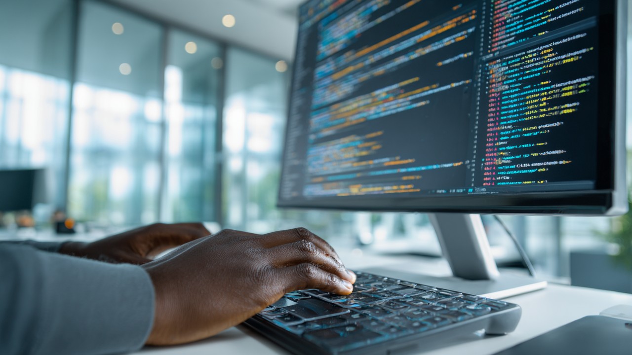 Close-up of a developer's hands typing on a sleek keyboard, computer screen displaying code and performance metrics in a bright, modern office.