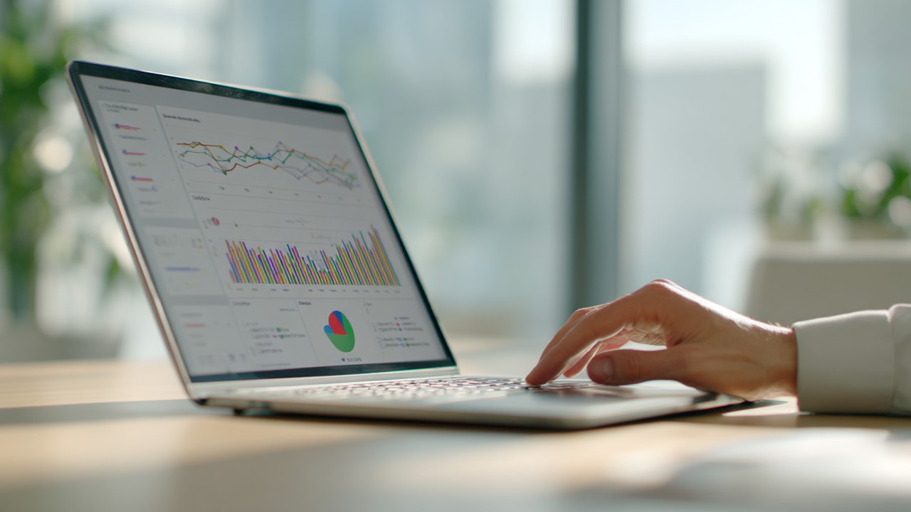 Close-up of a laptop displaying website performance analytics with graphs and data charts, person using wireless mouse in a bright office.