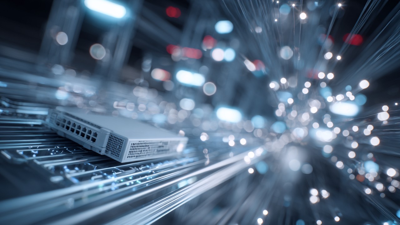 Nærbillede af en moderne IoT-enhed med digitale datastrømme og netværksignaler, der illustrerer dataoverførsel og lav latenstid i et højteknologisk miljø.