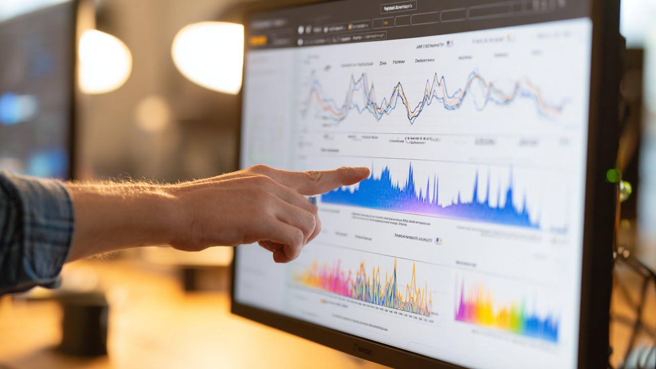 Close-up of a professional analyzing website performance dashboard with line graphs and heatmaps showing server response times and TTFB metrics.