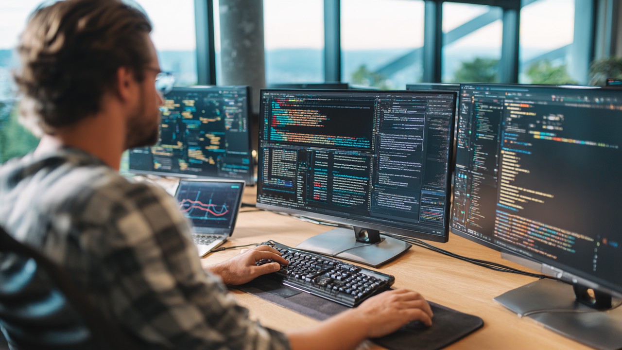 Close-up of a web developer's hands on keyboard at a modern desk with multiple monitors displaying code, performance analytics, and API endpoints, highlighting website speed optimization and technical expertise.