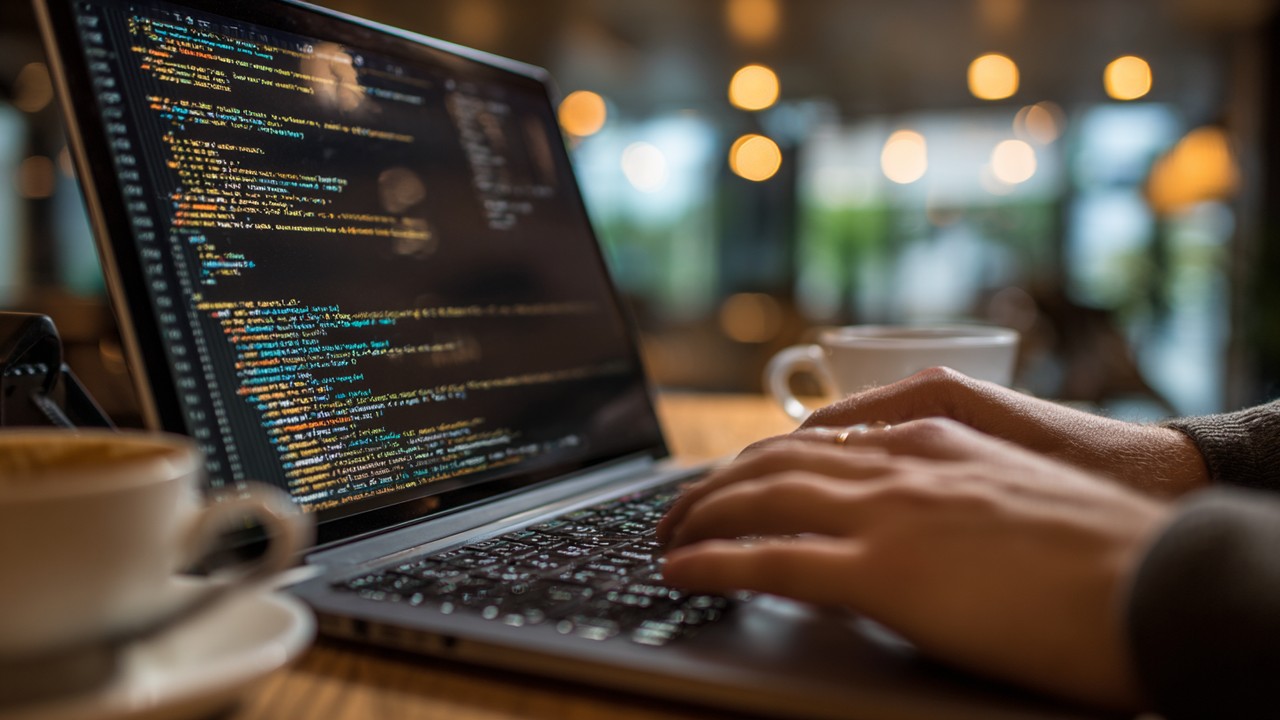 Close-up of developer's hands typing on a laptop with code showing optimized WordPress query parameters, notes, and coffee in a cozy workspace.