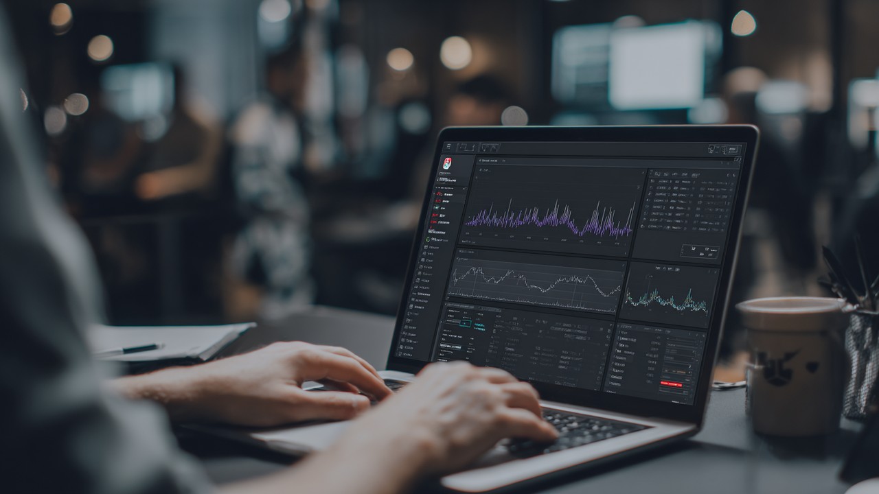 Nærbillede af en udviklers hænder, der bruger en laptop med ydeevneprofilering software, der viser PHP autoloading performance metrics i et moderne kontormiljø.