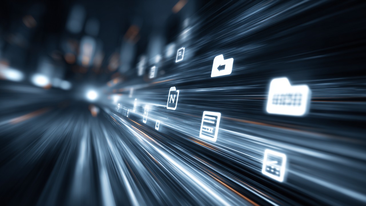 Close-up of digital graphic with abstract file format icons, data streams, and compression visuals in a sleek tech environment.