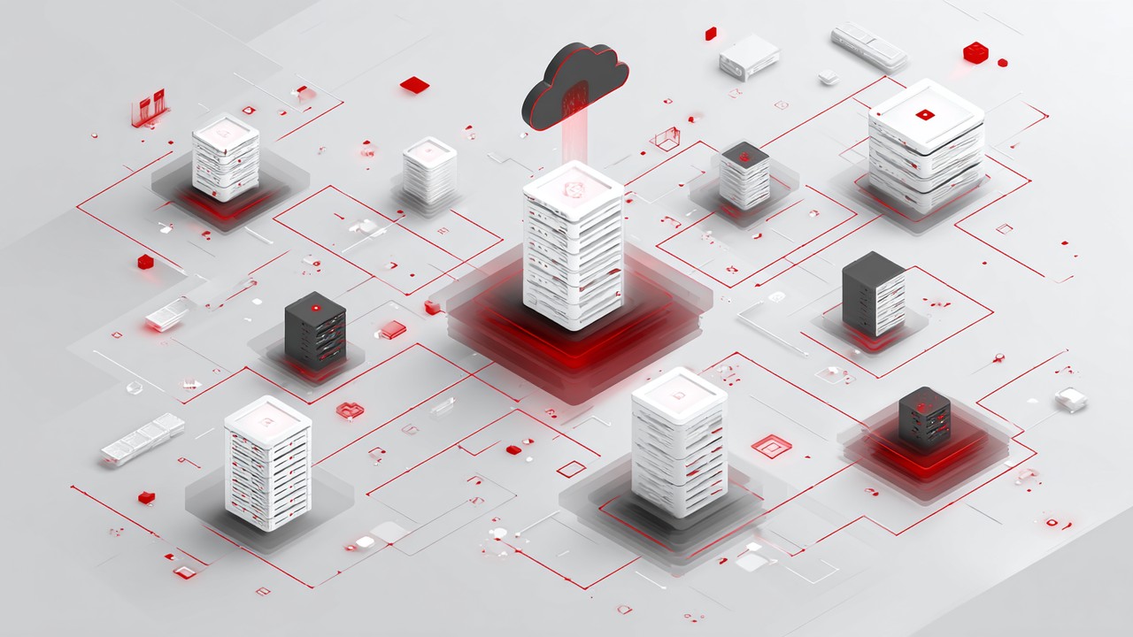 Ilustracija prikazuje povezane servere, oblake i tehnologije keširanja poput Redis, Memcached i CDN čvorova u digitalnoj infrastrukturi.