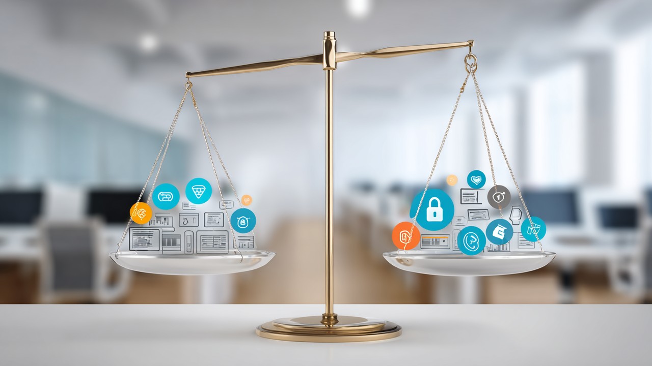Conceptual image of a balanced scale with icons for traffic distribution, session persistence, health checks, caching, and SSL termination, representing strategic load balancer configuration for website performance.