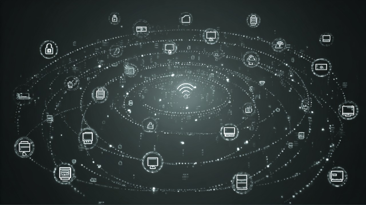 Konceptuel visualisering af IoT-udfordringer med en netværksstruktur, symboler for kryptering, batteri- og forbindelsesproblemer, digital stil.