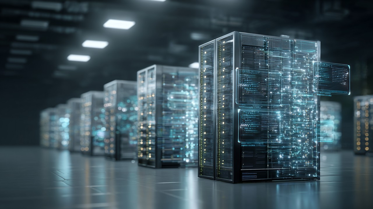 Yüksək texnologiyalı məlumat mərkəzində server rack və yavaş məlumat ötürülməsi, ağır verilənlər bazası sorğuları və şəbəkə tıxaclarının vizuallaşdırılması.
