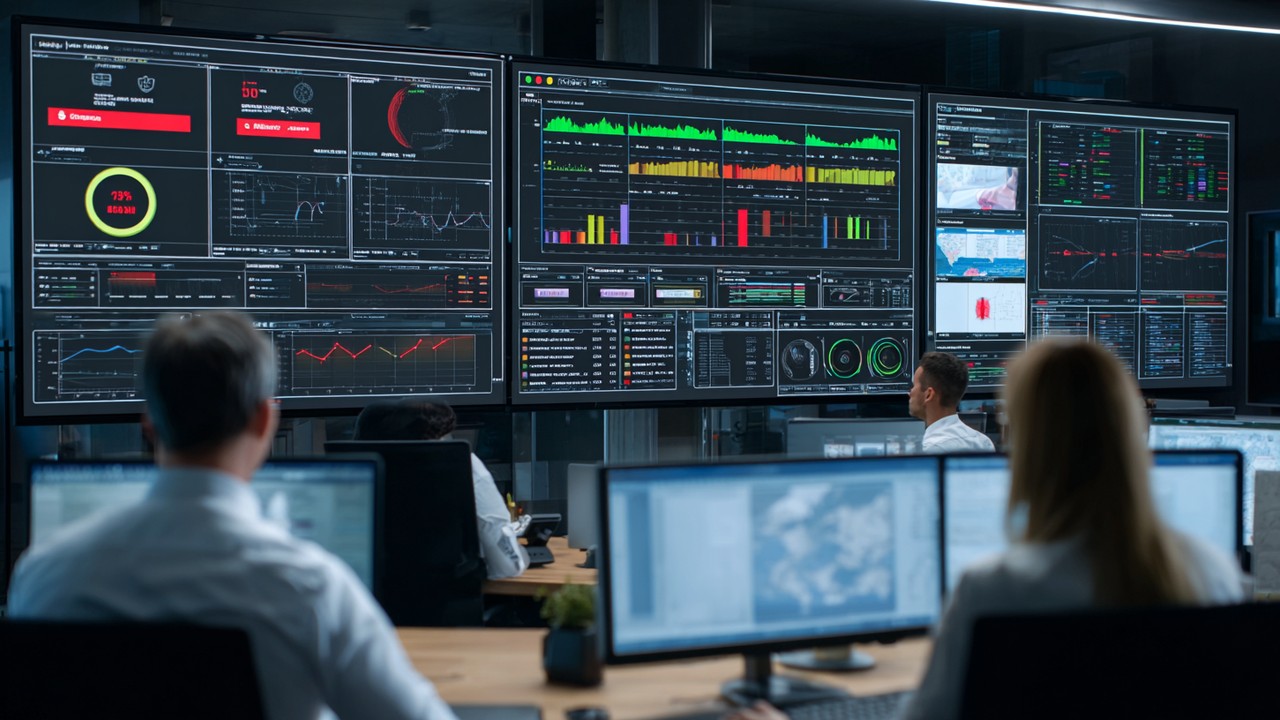 Control room with IT professionals monitoring large digital dashboards displaying real-time website performance metrics and alerts.