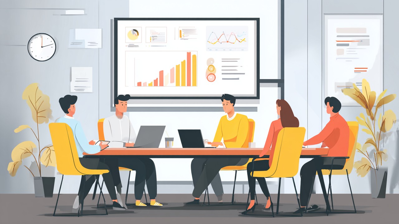 Cross-functional team meeting in a modern conference room discussing performance metrics on a large screen, collaborative work environment.