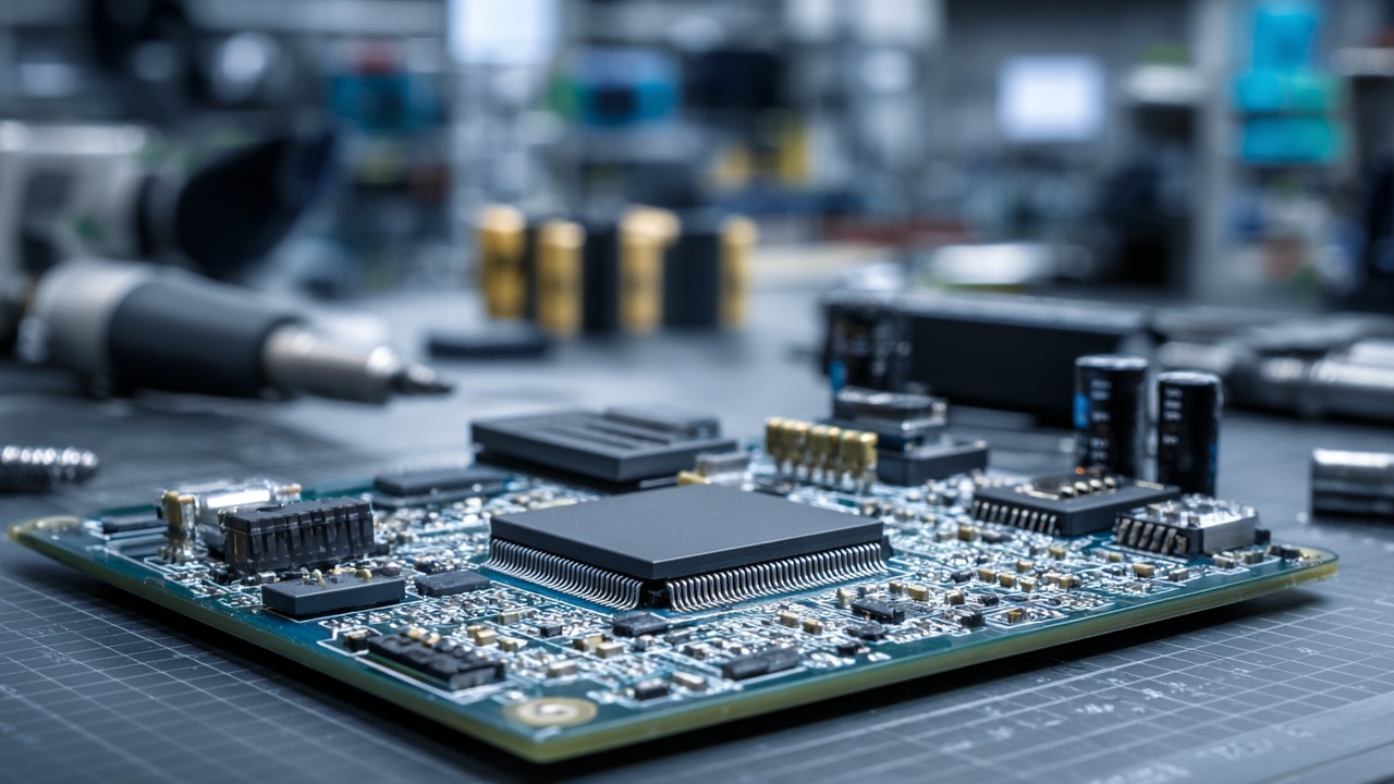 Detaljeret billede af en mikrocontrollerplade med embedded hardware, effektive processorer og hukommelsesmoduler på værktøjskasse, symboliserer IoT innovation.