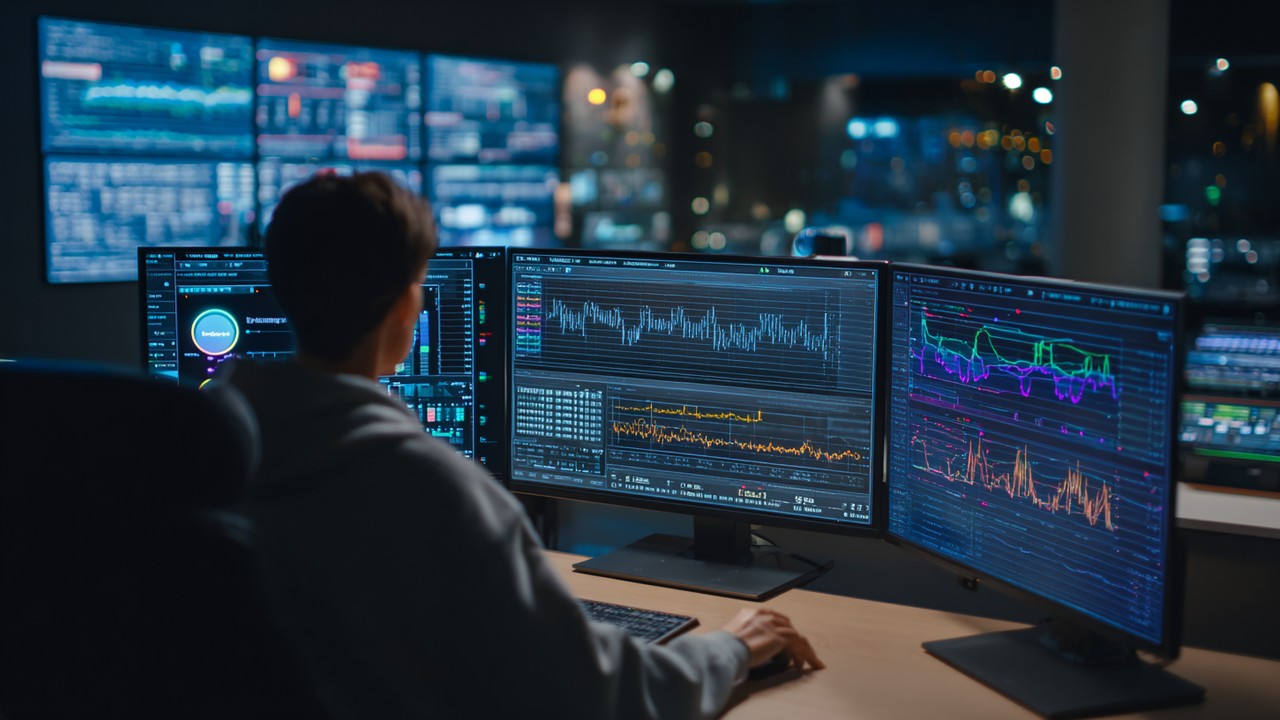 İnkişaf etdirici, azaldılmış işıqlandırılmış nəzarət otağında çoxlu ekranlarda API gecikməsi və server göstəricilərinin qrafiklərini izləyir, texniki avadanlıqla.