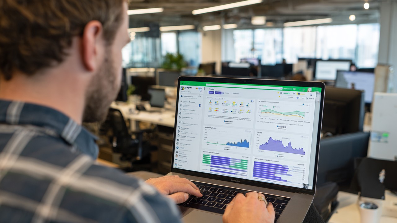 Developer working on a laptop with web performance tools like Google Lighthouse, WebPageTest, and New Relic dashboards in a tech office.