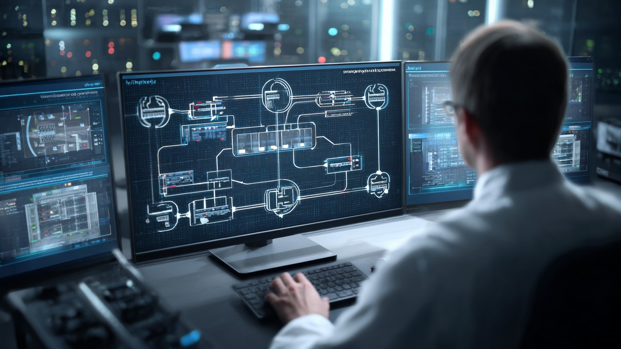 Digital network dashboard displaying server load balancing algorithms like round robin, least connections, and IP hash in a high-tech control room with a network specialist.