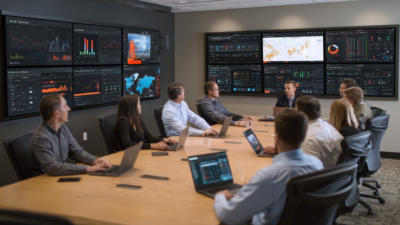 Diverse IT professionals collaborating in a conference room during an incident response meeting with laptops and digital alert dashboards.