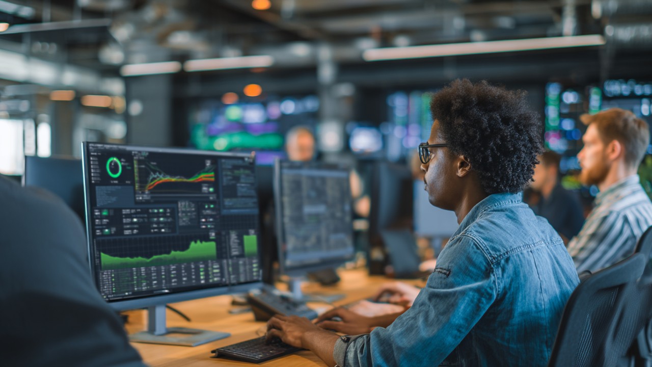 Diverse IT-Team arbeitet in modernem Büro mit Monitoren, die Server-Analysen und Code für PHP-Optimierung zeigen.