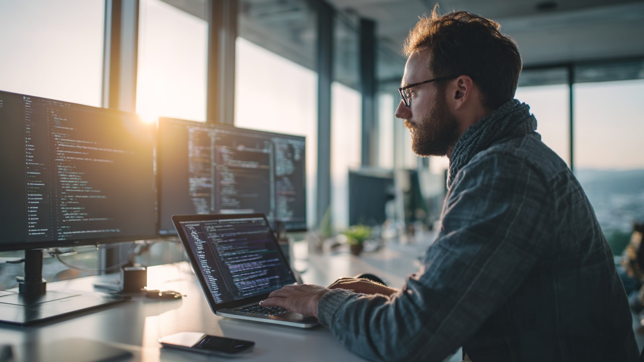 Focused web developer working on a laptop in a bright, modern office with multiple screens showing code and performance graphs, emphasizing website optimization.
