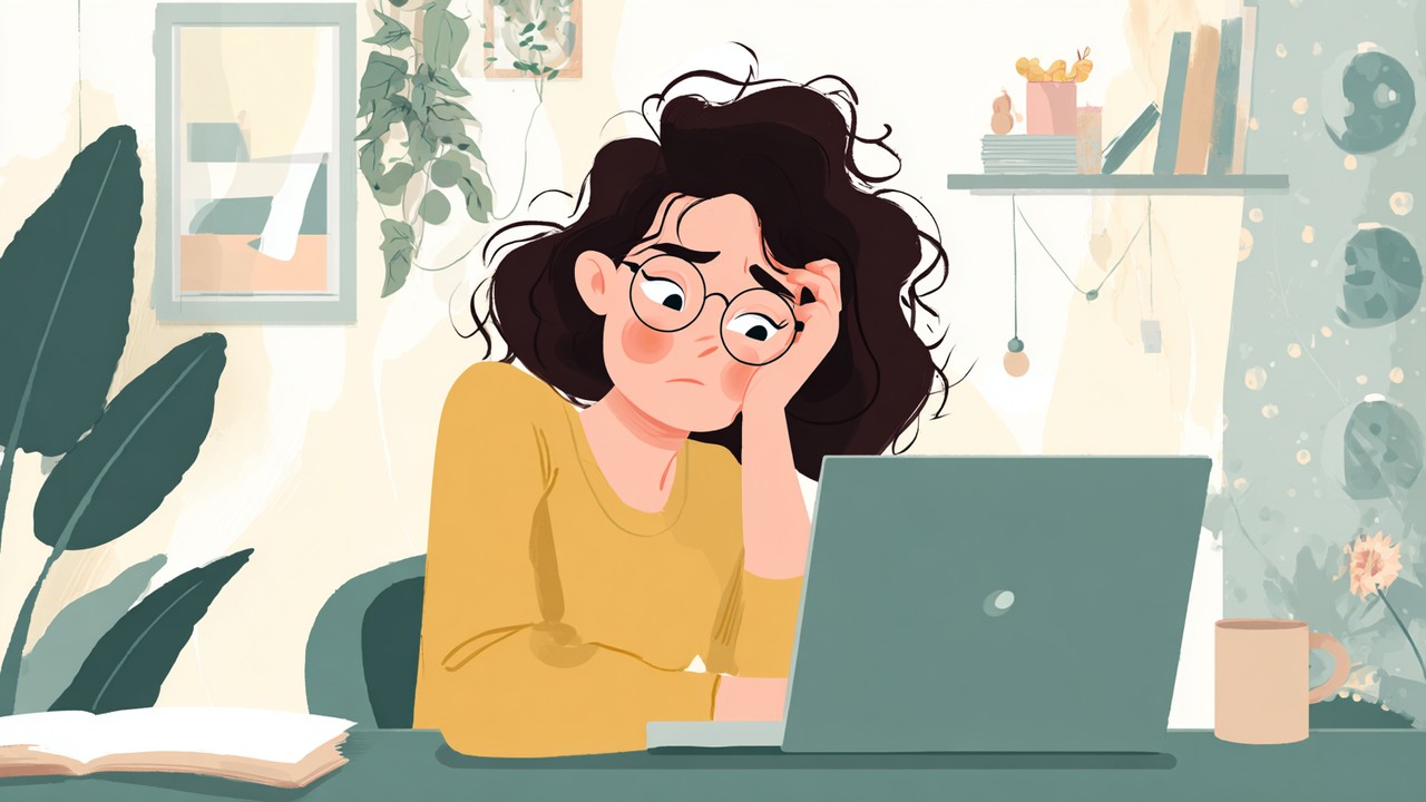 Frustrated user sitting at a desk in a cozy home office, using a laptop with a slow-loading web page and showing signs of impatience.
