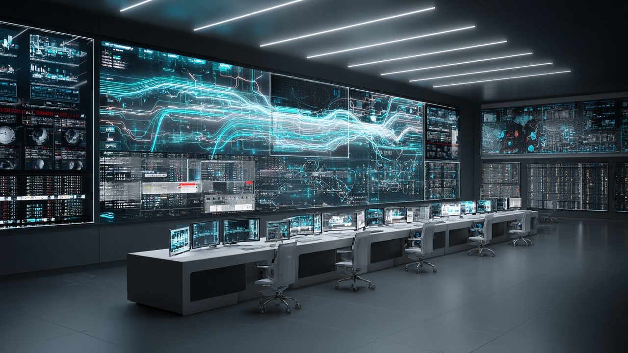 Fremtidig netværksoperationscenter med edge computing, servere og dataflow, der illustrerer caching og load balancing i IoT-netværk.