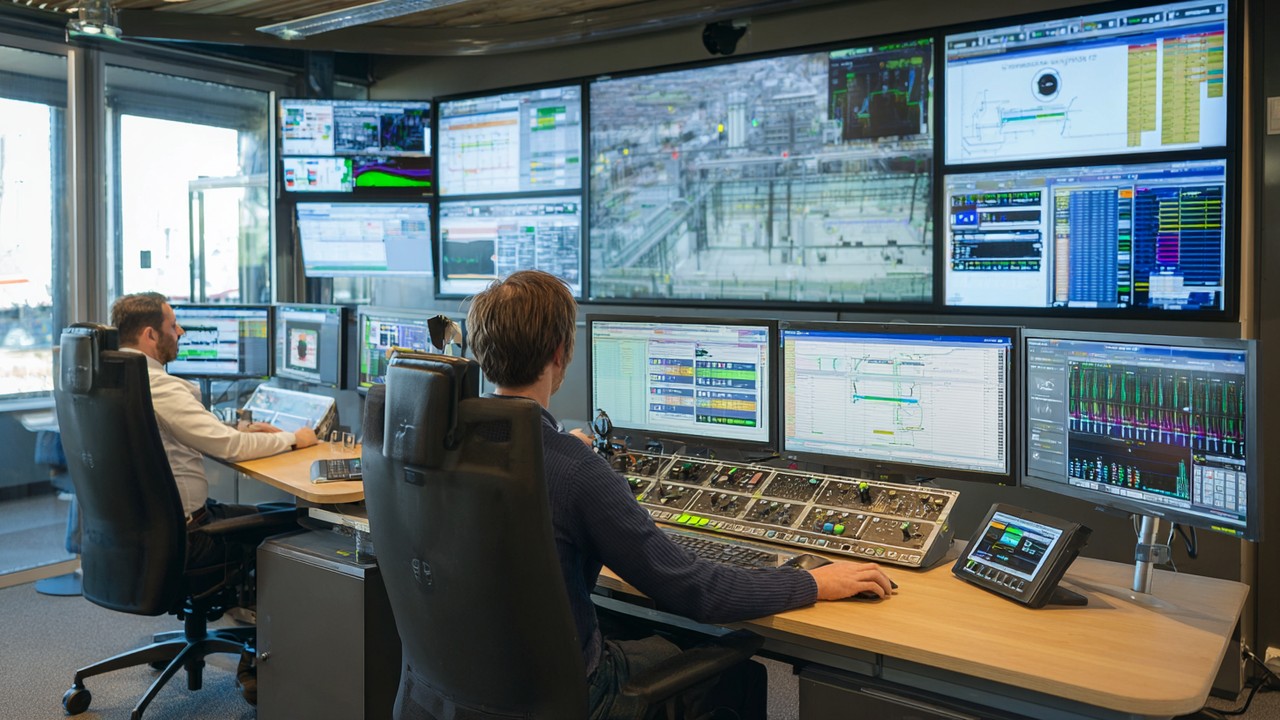 Et højteknologisk kontrolrum med ingeniører, der overvåger IoT-ydeevne, dataanalyse og telemetry dashboards på flere skærme.