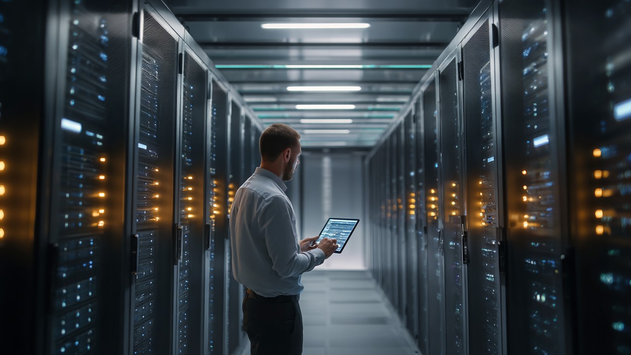 High-tech server room with glowing servers and a technician monitoring performance on a tablet, showcasing advanced infrastructure and optimization.