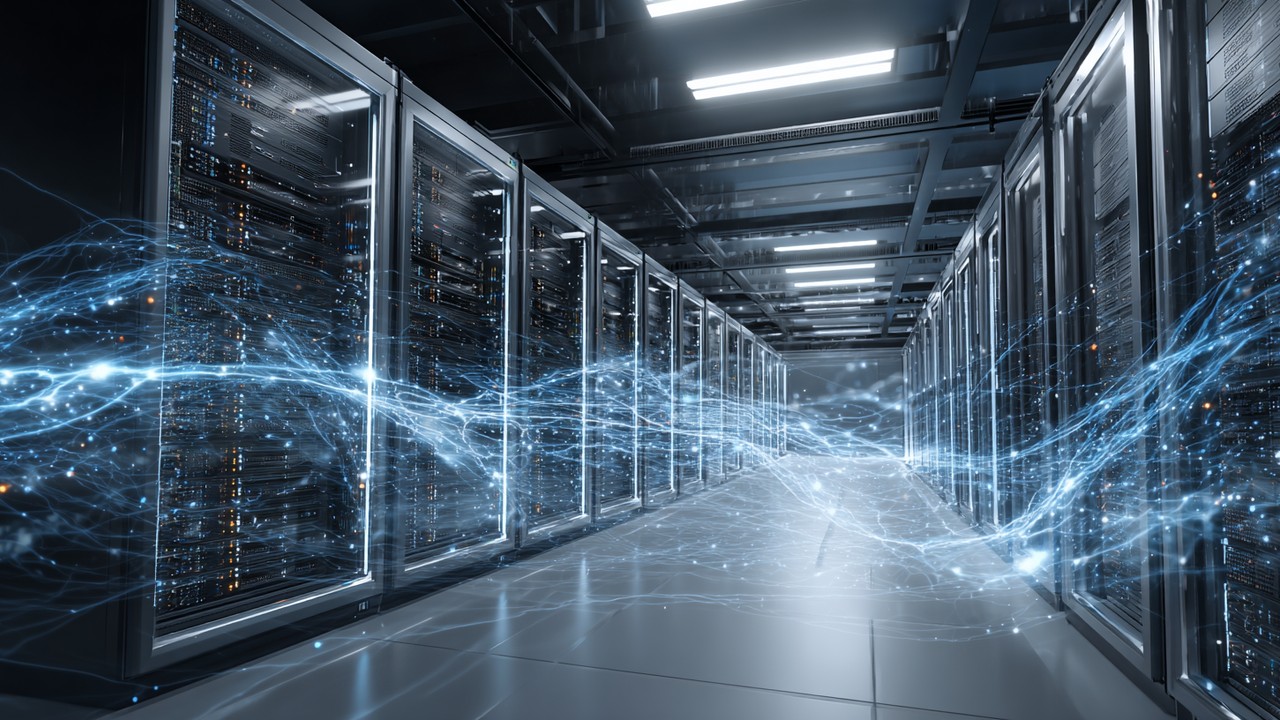 Yüksək texnologiyalı server otağı, işıqlı serverlər və şəbəkə kabelləri, CDN nodları və keşik qatlarının abstrakt təsviri ilə sürətli məlumat çatdırılması və optimallaşdırılmış server infrastrukturunu göstərir.