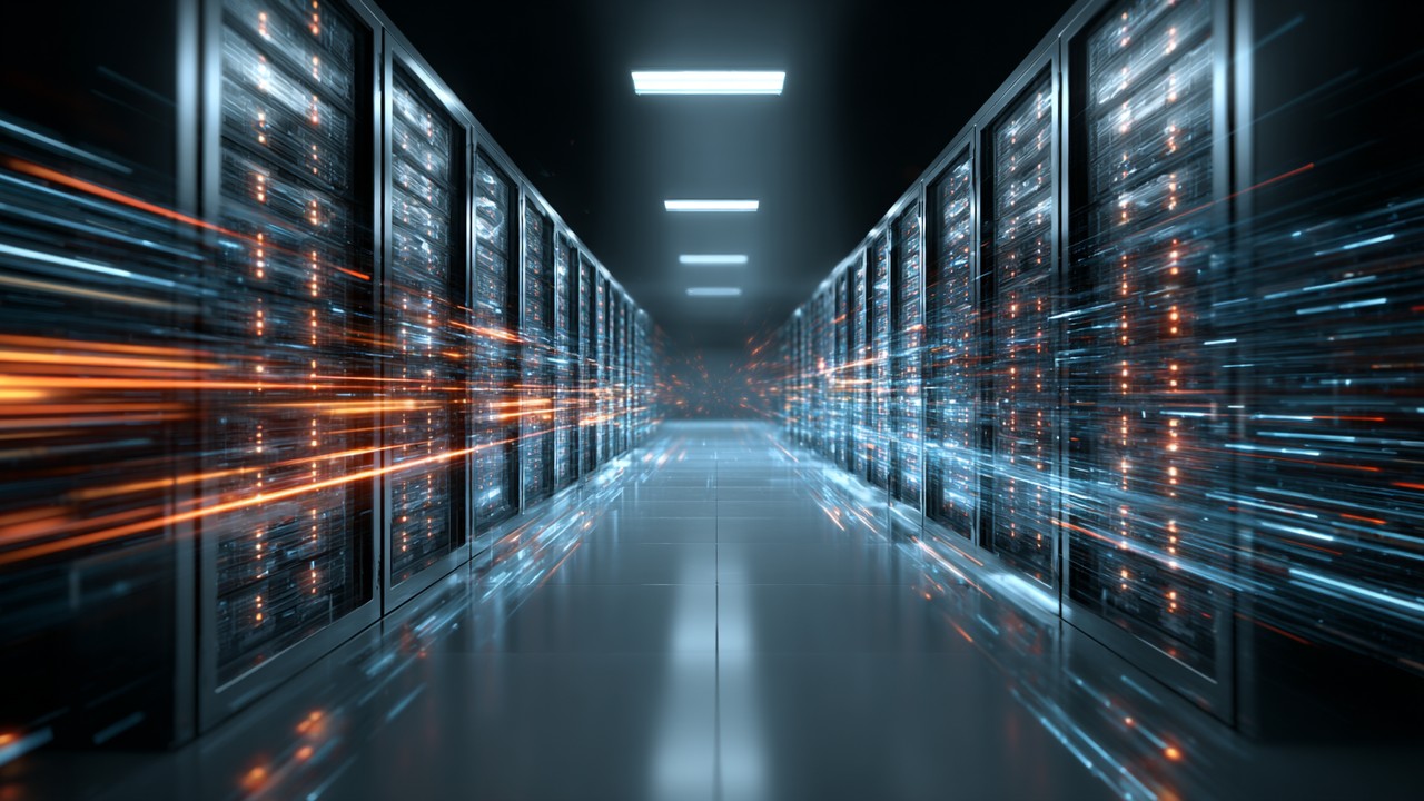 High-tech server room with illuminated racks and blinking lights, representing fast data transfer and optimized hosting for e-commerce.