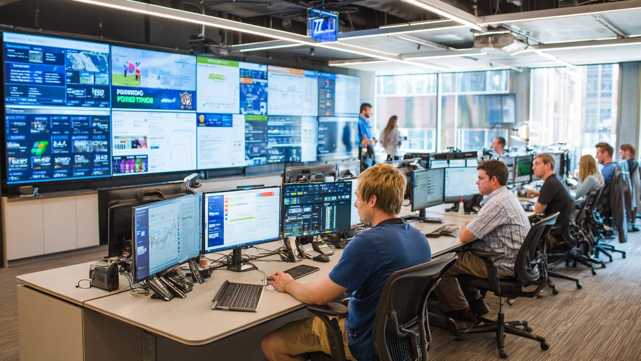 IT operations team collaborating in a modern control room with large monitors displaying website performance dashboards and alerts, emphasizing teamwork and technology.