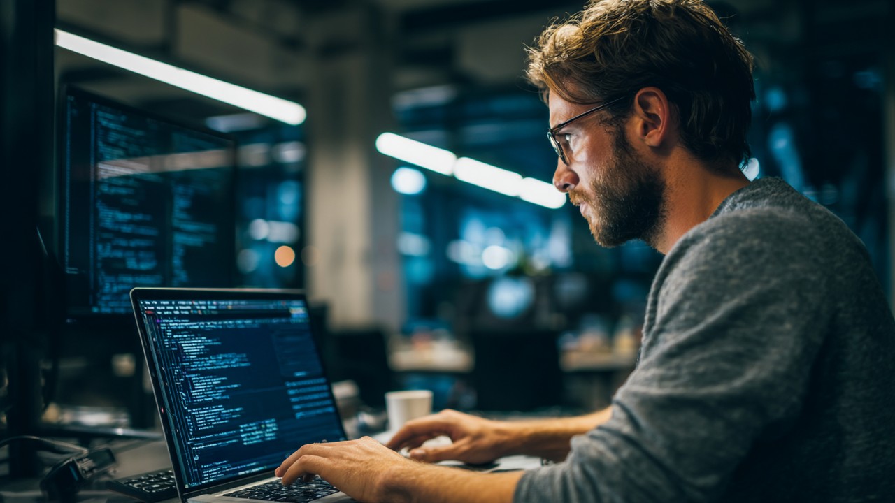 IT-Fachmann konfiguriert Server per Kommandozeile auf Laptop im modernen Büro, optimiert PHP-Performance durch Caching-Einstellungen