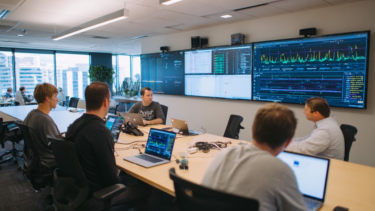 IT professionals collaborating in a modern office, analyzing network performance graphs on screens to troubleshoot load balancer issues.
