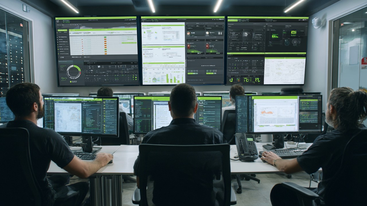 IT professionals monitoring real-time website performance dashboards with TTFB metrics and alerts in a control room setting.