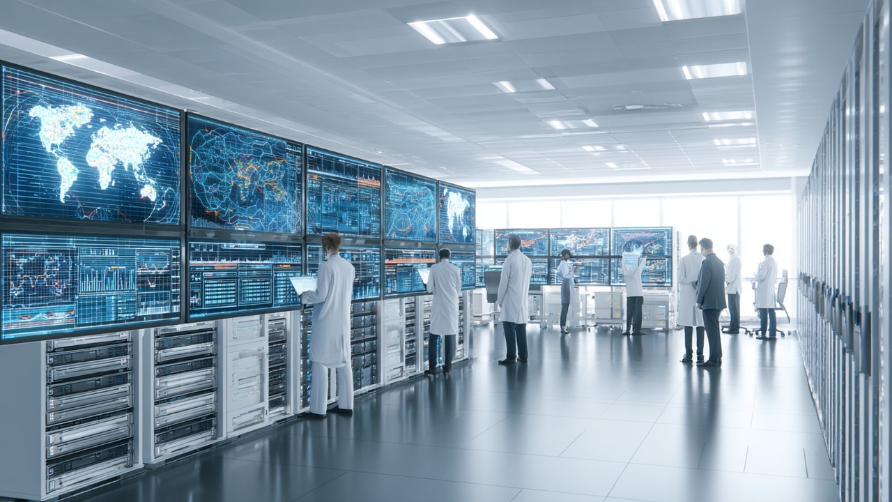 Modern data center with IT specialists analyzing global traffic charts on large monitors in a bright, high-tech environment.