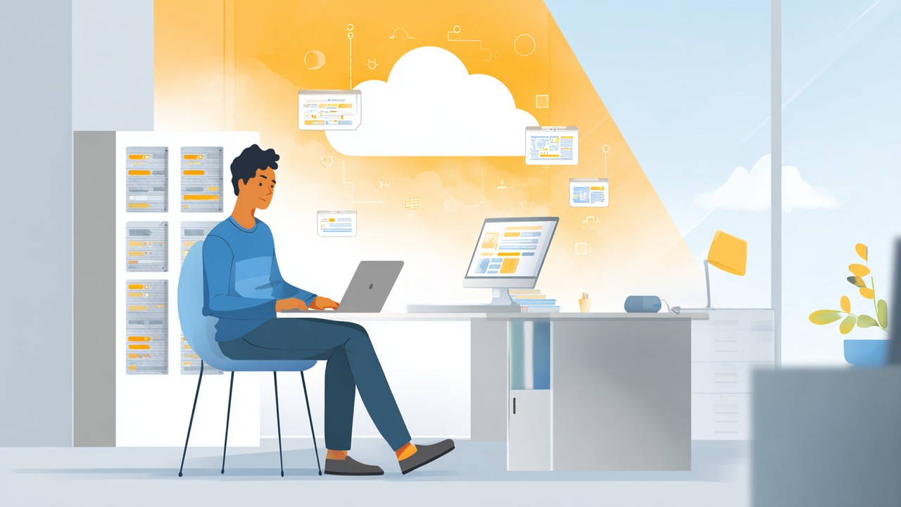 Ontwikkelaar werkt op laptop in een lichte kantooromgeving met iconen van serverless architectuur en cloud functies, benadrukt innovatie.