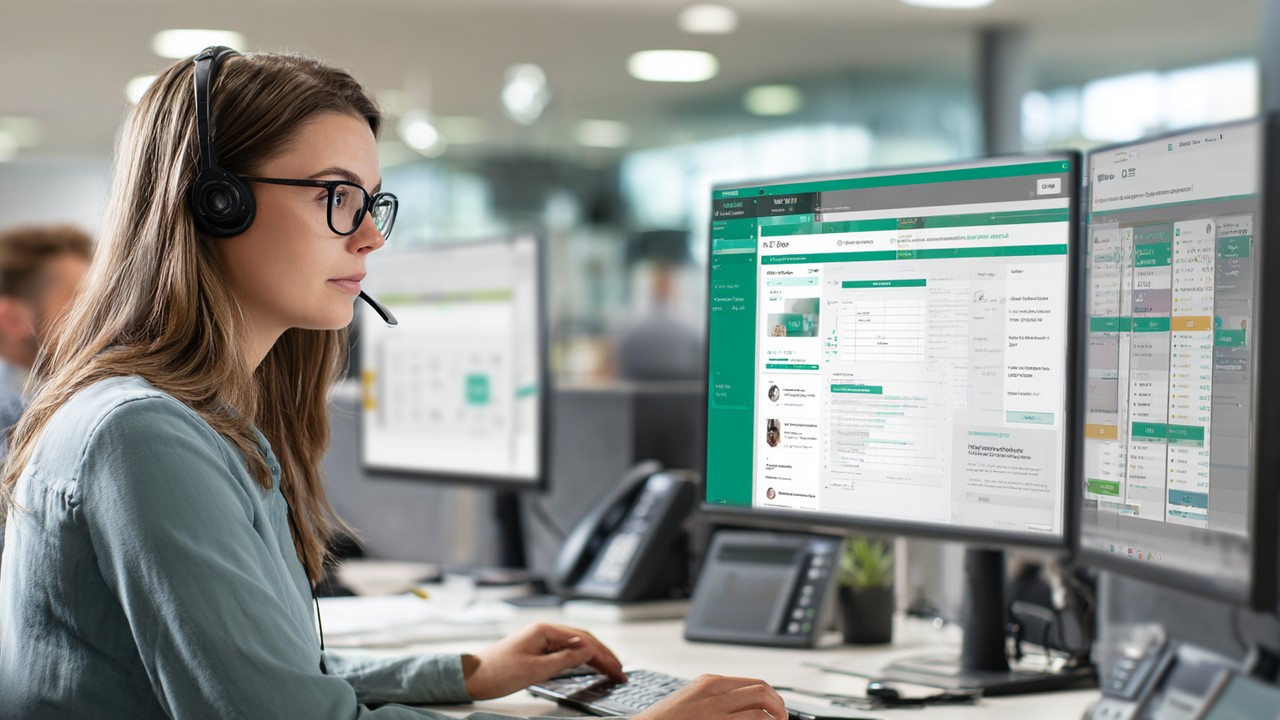 Modern office help desk agent using multiple monitors with automated ticketing system, showcasing efficient IT support workflow.