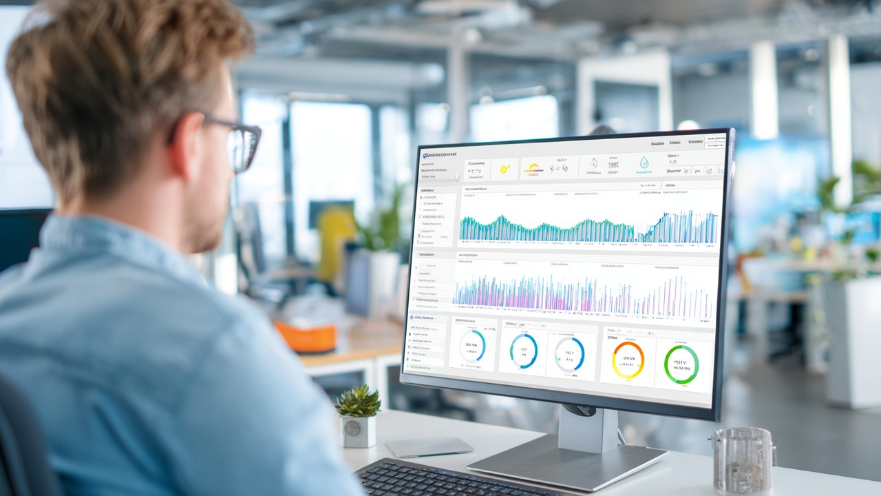 Modern office with a professional analyzing website speed metrics and server responsiveness on a large digital performance dashboard.