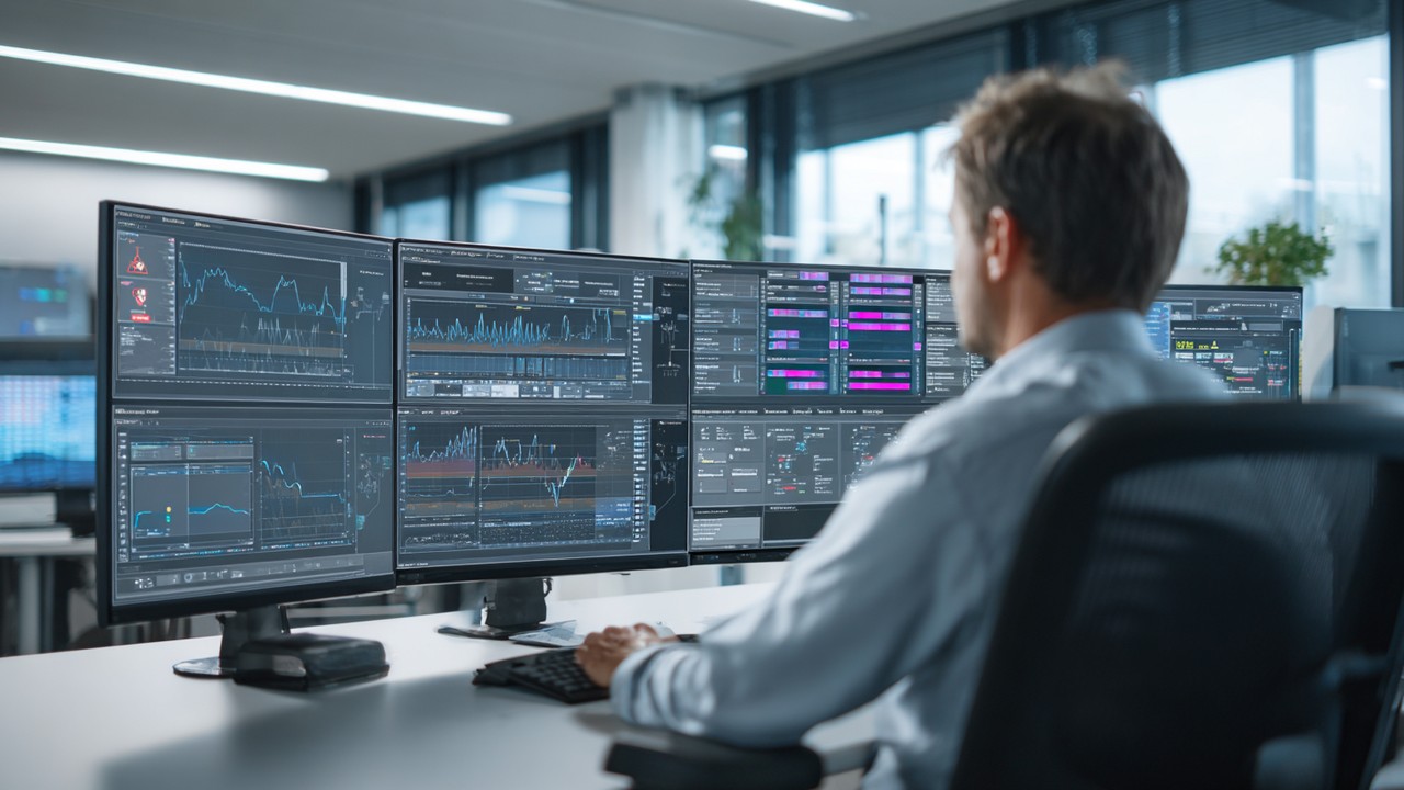 Modern office with IT professional monitoring multiple computer screens displaying network performance graphs and alert notifications, emphasizing technology and real-time system monitoring.