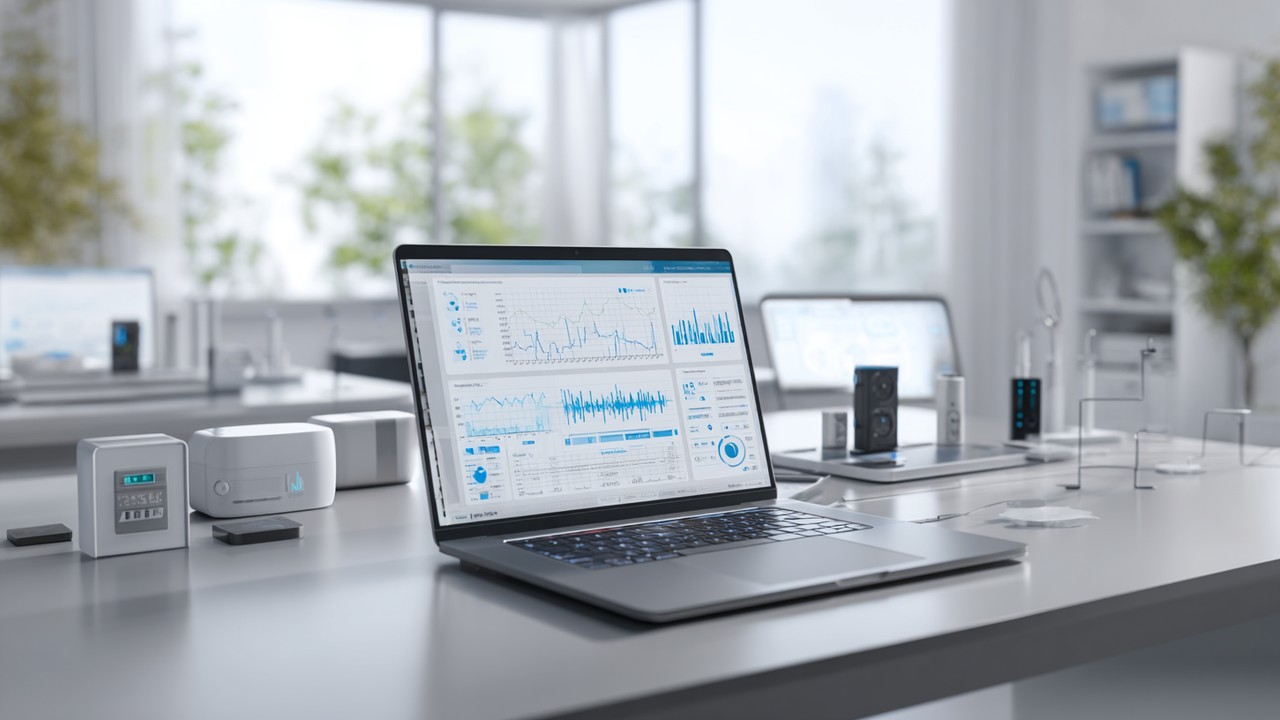 Modern office workspace with a laptop displaying IoT device management software, surrounded by smart sensors and routers, engineer analyzing data on a tablet in a bright, organized environment.