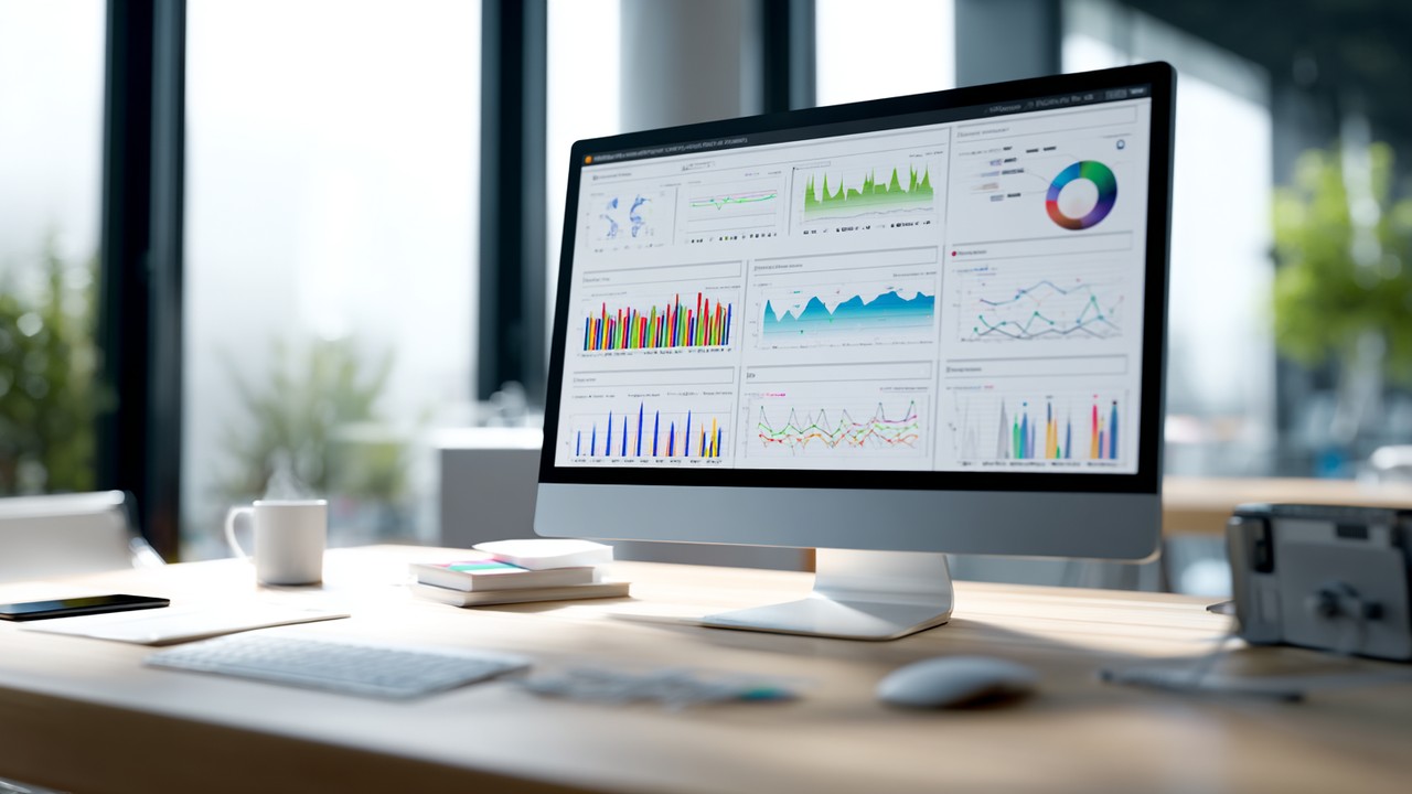 Modern office workspace with a professional analyzing website performance dashboards on a sleek monitor, bright natural lighting, minimalistic tech setup.