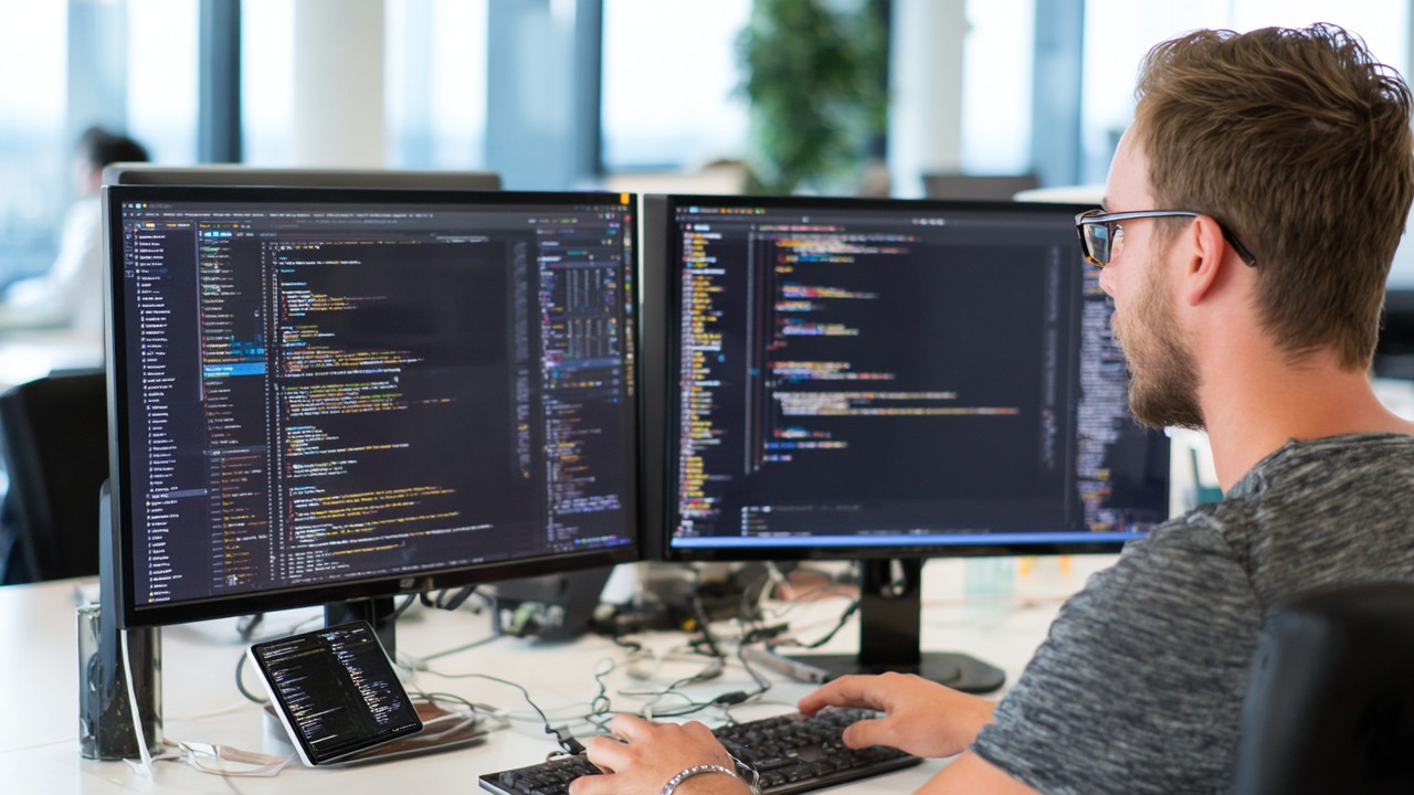 Modern web developer optimizing WordPress queries on dual monitors with code snippets in a bright, professional office setting.