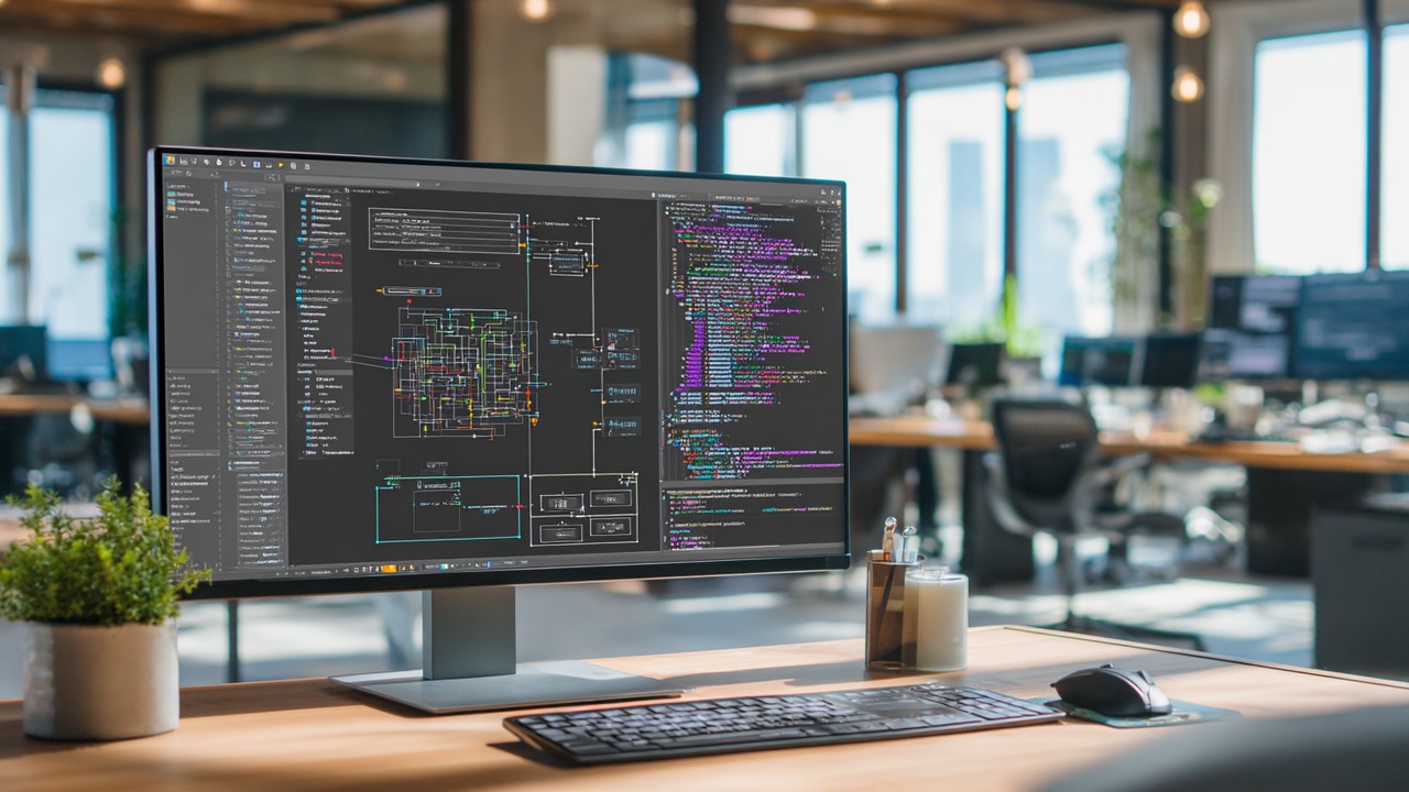 Modern web developer workspace with a computer displaying PHP code and database diagrams, illustrating PHP database connections.