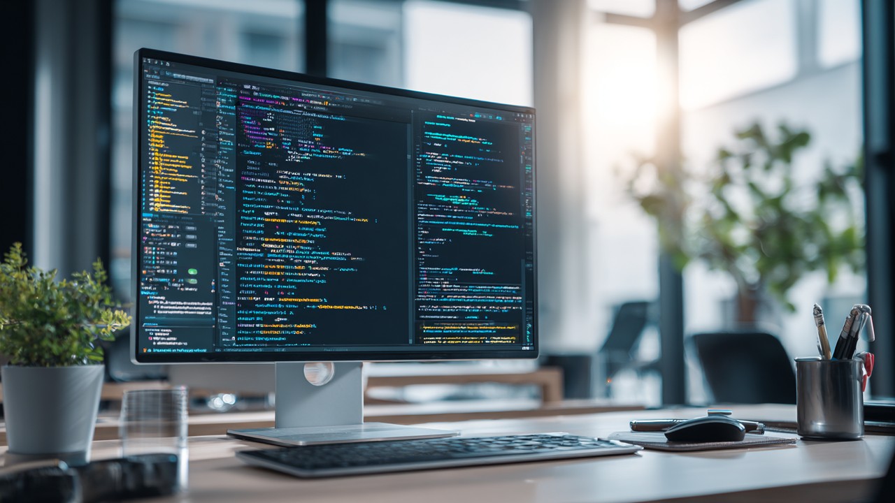Et moderne webudvikler-arbejdsområde med computer, PHP-kode og organiseret skrivebordsmiljø under naturligt lys, fokuseret atmosfære.
