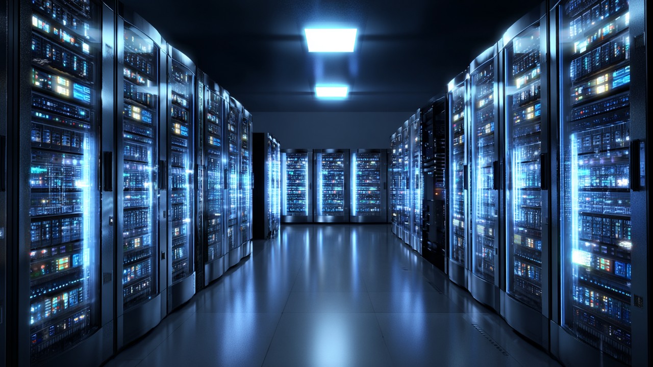 Modern web server room with racks of servers and network equipment illuminated by cool blue lighting, showcasing high-performance backend infrastructure.