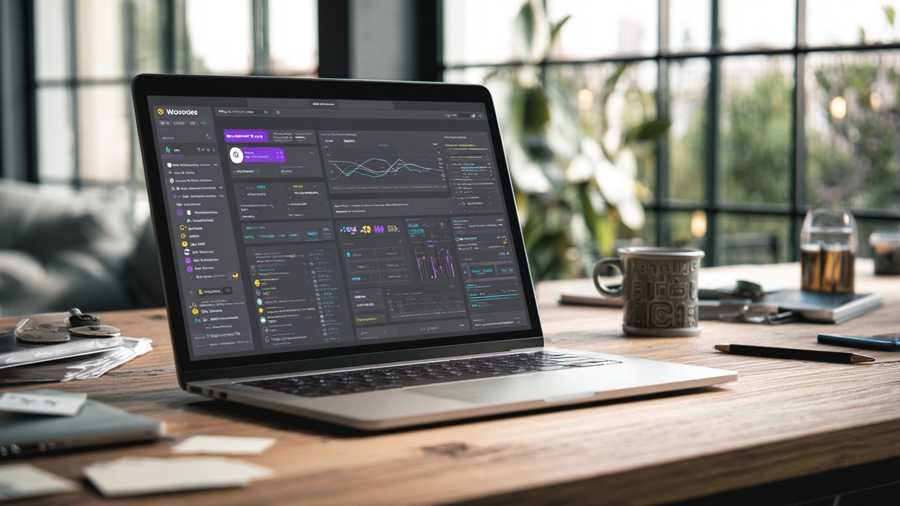 Modern workspace with a developer troubleshooting WooCommerce plugin conflicts on a laptop, surrounded by coding notes and plugin icons.