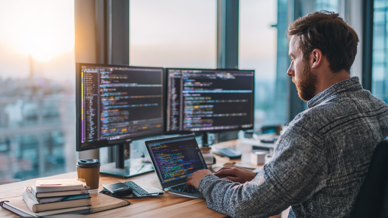 Professional developer working at a modern office desk with dual monitors showing database code, focused on laptop, natural daylight, organized workspace with technical books and coffee.