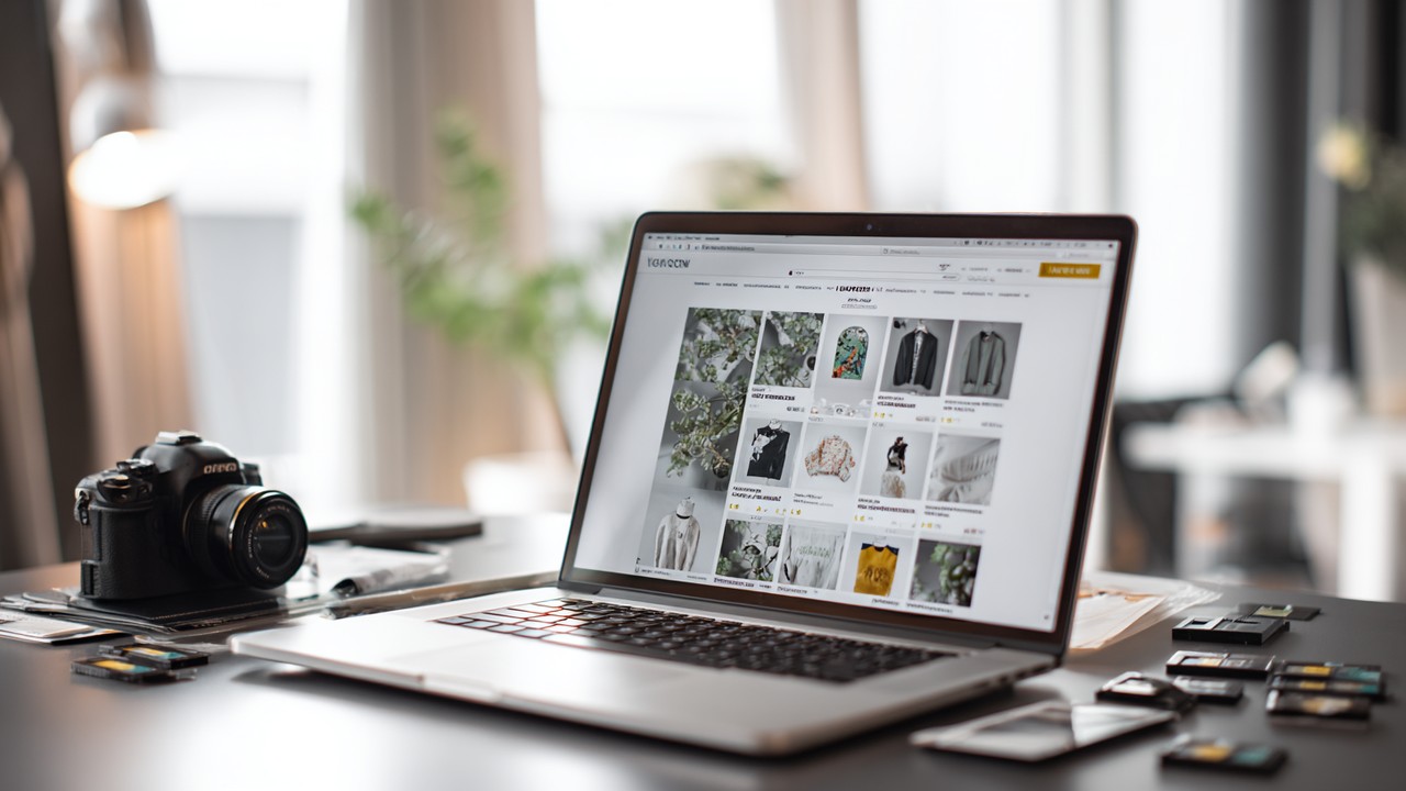 Professional e-commerce workspace with a laptop displaying a WooCommerce product page, high-quality product photos, camera, and memory cards, emphasizing digital image optimization and website performance.