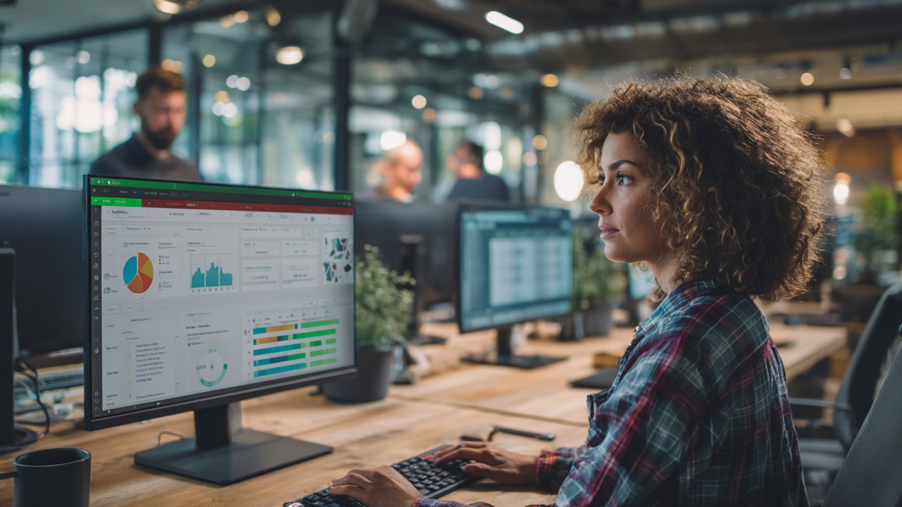 Professional IT support technician working on a computer with multiple monitors displaying performance metrics in a modern, collaborative help desk environment.